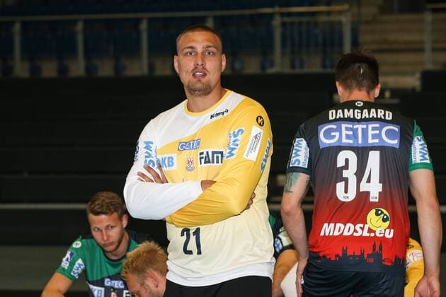Torwart Dario Quenstedt (SC Magdeburg) - 1.BL Handball Bundesliga Saison 2018-2019 offizeller Fototermin Porträttermin 2018 2019 SC Magdeburg in der GETEC Arena in Magdeburg - Deutschland, Handball, Mann, Maenner,11.07.2018