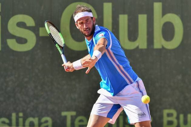 GER, 1. Tennis-Point Bundesliga Herren, Badwerk Gladbacher HTC vs. fläsh TC Weinheim 1902 1 15.07.2018, Badwerk Gladbacher HTC, GER, 1. TP-BL, Badwerk Gladbacher HTC vs. fläsh TC Weinheim 1902 1, im Bild Vanni, Luca ITA beim Vorhandschlag