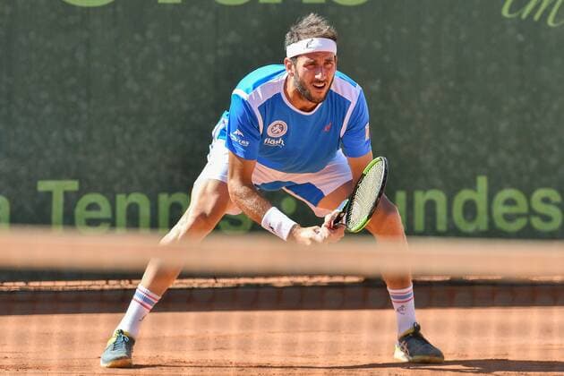 GER, 1. Tennis-Point Bundesliga Herren, Badwerk Gladbacher HTC vs. fläsh TC Weinheim 1902 1 15.07.2018, Badwerk Gladbacher HTC, GER, 1. TP-BL, Badwerk Gladbacher HTC vs. fläsh TC Weinheim 1902 1, im Bild Vanni, Luca ITA in Wartestellung beim Return