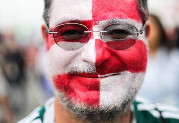 MOSCOW, RUSSIA - JULY 15, 2018: Croatia s fan with his face painted in the colours of the Croatian national flag seen outside Luzhniki Stadium ahead of the 2018 FIFA World Cup WM Weltmeisterschaft Fussball Final match between France and Croatia. Sergei Bobylev TASS  TS08974D
