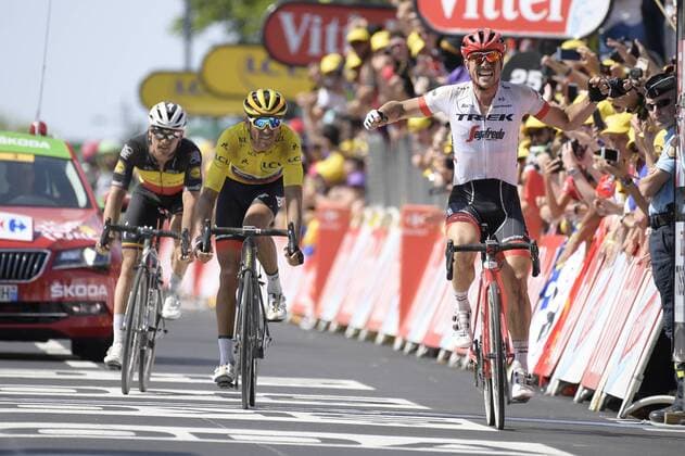 Belgian Yves Lampaert of Quick-Step Floors, Belgian Greg Van Avermaet of BMC Racing and German John Degenkolb of Trek-Segafredo sprint to the finish of the eighth stage of the 105th edition of the Tour de France cycling race, from Arras Citadelle to Roubaix (156,5 km), in France, Sunday 15 July 2018. This year s Tour de France takes place from July 7th to July 29th. YORICKxJANSENS  x05386639x