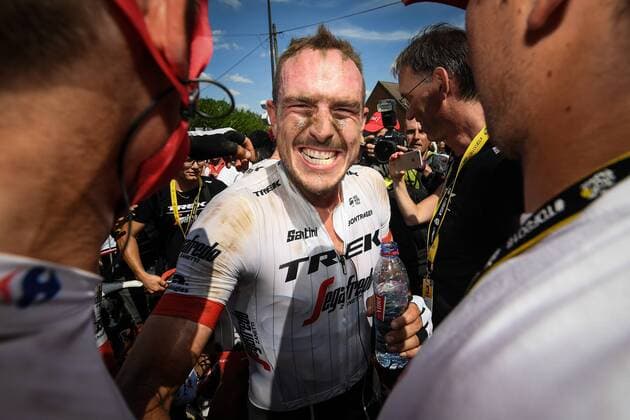 German John Degenkolb of Trek-Segafredo celebrates after winning the eighth stage of the 105th edition of the Tour de France cycling race, from Arras Citadelle to Roubaix (156,5 km), in France, Sunday 15 July 2018. This year s Tour de France takes place from July 7th to July 29th. DAVIDxSTOCKMAN  x05386705x