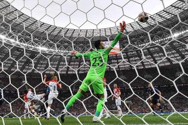 (180715) -- MOSCOW, July 15, 2018 -- Goalkeeper Danijel Subasic (front) of Croatia fails to save the ball during the 2018 FIFA World Cup WM Weltmeisterschaft Fussball final match between France and Croatia in Moscow, Russia, July 15, 2018. ) (SP)RUSSIA-MOSCOW-2018 WORLD CUP-FINAL-FRANCE VS CROATIA LiuxDawei 