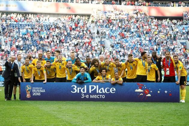 SAINT PETERSBURG, RUSSIA - JULY 14: Belgium players pose for a photo after the 2018 FIFA World Cup WM Weltmeisterschaft Fussball Russia 3rd Place Playoff match between Belgium and England at Saint Petersburg Stadium on July 14, 2018 in Saint Petersburg, Russia. WCS, SPO, SOC 