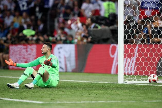 FuÃŸball, WM Finale 2018 in Moskau, Frankreich - Kroatien MOSCOW, RUSSIA â€“ JULY 15, 2018: Croatia s goalkeeper Danijel Subasic concedes a goal in their 2018 FIFA World Cup WM Weltmeisterschaft Fussball final football match against France at Luzhniki Stadium. Sergei Bobylev TASS  TS089971