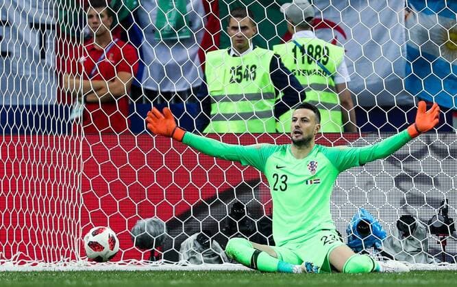 FuÃŸball, WM Finale 2018 in Moskau, Frankreich - Kroatien MOSCOW, RUSSIA â€“ JULY 15, 2018: Croatia s goalkeeper Danijel Subasic concedes a goal in their 2018 FIFA World Cup WM Weltmeisterschaft Fussball final football match against France at Luzhniki Stadium. Mikhail Tereshchenko TASS  TS08997F