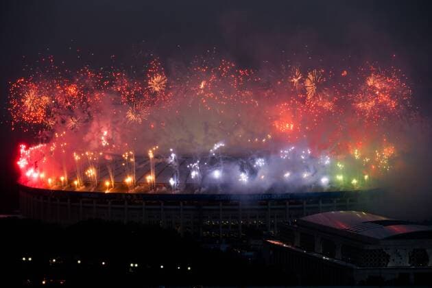 Sport Bilder des Tages MOSCOW, RUSSIA â€“ JULY 15, 2018: Fireworks light up the sky over Luzhniki Stadium after the 2018 FIFA World Cup WM Weltmeisterschaft Fussball final football match between France and Croatia. Team France won the game 4:2 and claimed the World Cup title. Sergei Fadeichev TASS  TS089AF2