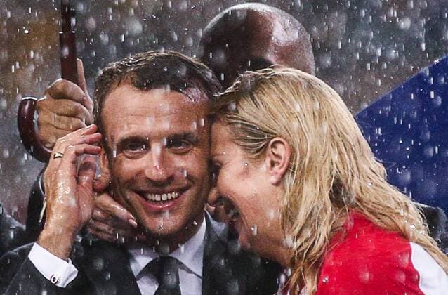 MOSCOW, RUSSIA - JULY 15, 2018: France s President Emmanuel Macron (L) and Croatia s President Kolinda Grabar-Kitarovic at the official award ceremony after the final match between France and Croatia at FIFA World Cup WM Weltmeisterschaft Fussball Russia 2018 at Luzhniki Stadium; France won 4-2. Mikhail Tereshchenko TASS  TS089B48