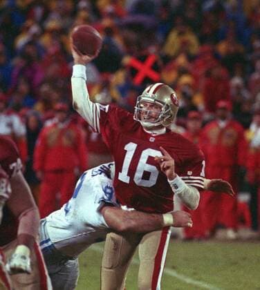 December 28, 1992 - San Francisco, California, U.S - San Francisco 49ers vs. Detroit Lions at Candlestick Park Monday, December 28, 1992. 49ers Beat Lions 24-6. Detroit Lions defensive end Marc Spindler (92) hits San Francisco 49ers quarterback Joe Montana (16) as he passes ball. NFL American Football Herren USA 1992: 49ers 24:6 Lions - ZUMAg52_ 19921228_zap_g52_014 Copyright: xAlxGolubx