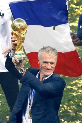 Football: World Cup final France coach Didier Deschamps raises the World Cup trophy after his team defeated Croatia 4-2 to win the country s second World Cup title at Luzhniki Stadium in Moscow on July 15, 2018. 