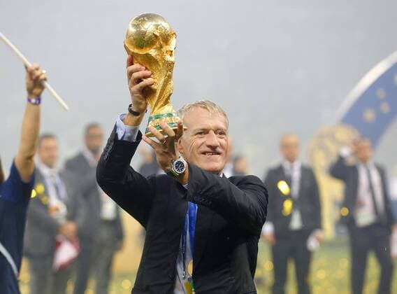Football: World Cup final France coach Didier Deschamps raises the World Cup trophy after his team defeated Croatia 4-2 to win the country s second World Cup title at Luzhniki Stadium in Moscow on July 15, 2018. 