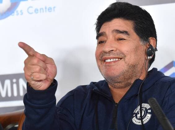 BREST, BELARUS â€“ JULY 16, 2018: Retired Argentinian footballer Diego Maradona, appointed FC Dynamo Brest chairman, gestures during a news conference. Viktor Drachev TASS  TS089D5E