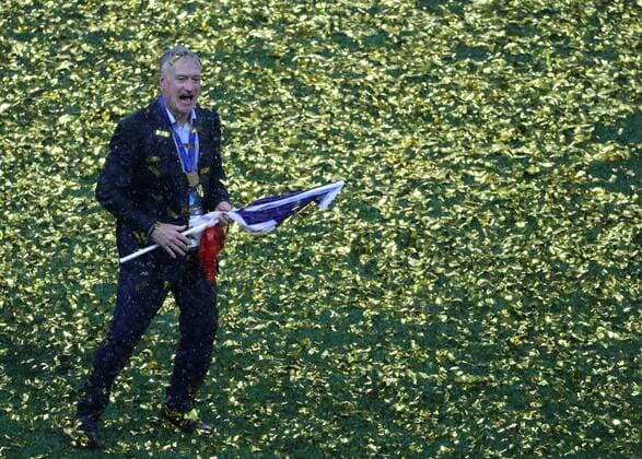 MOSCOW, RUSSIA JULY 15, 2018: France s manager Didier Deschamps at a victory ceremony after winning their 2018 FIFA World Cup WM Weltmeisterschaft Fussball final football match against Croatia at Luzhniki Stadium 