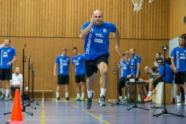 Rafael Baena Gonzalez ( 1, Bergischer HC) beim Sprinttest Leistungsdiagnostik Bergischer HC Tag 2, Handball, DKB Handball Bundesliga, 17.07.18 Solingen NRW Deutschland Sporthalle Heiligenstock