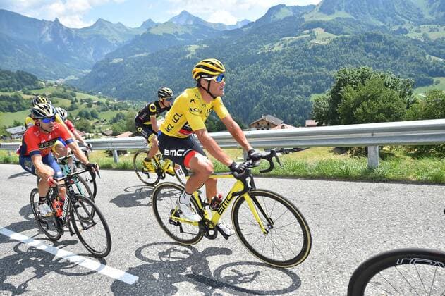 Sport Themen der Woche KW29 Sport Bilder des Tages Belgian Greg Van Avermaet of BMC Racing wearing the yellow jersey of overal leader, rides the tenth stage in the 105th edition of the Tour de France cycling race, 112.5 km from Annecy to Le Grand Bornand, France, Tuesday 17 July 2018. This year s Tour de France takes place from July 7th to July 29th. DAVIDxSTOCKMAN  x05387789x