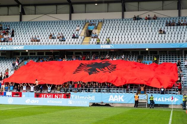 180717 Fans of of Drita before the UEFA Champions League qualifying match between Malmö FF and Drita on July 17, 2018 in Malmö. Photo: Ludvig Thunman BILDBYRAN kod LT 35506 Copyright: LUDVIGxTHUNMAN BB180717LT005