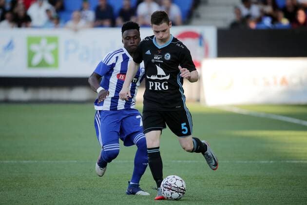 Elias Jóhannesson Lervig 5, Víkingur, FRO and João Klauss de Mello 7, HJK Helsinki, FIN during their UEFA Champions League 1QR match HJK Helsinki - Víkingur in Telia 5G Arena 17. July 2018 in Helsinki, Finland.  Copyright: xMattixMatikainenx NP24_00303389