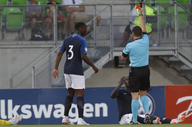 Malang Sarr 5, FRA gets red card during the UEFA European Under 19 Championship 2018 France - Ukraine at the Hietalahti Stadium 17. July 2018, in Vaasa, Finland.  Copyright: xKallexParkkinenx NP24_00303532
