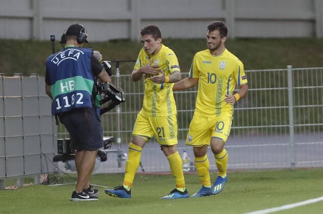 Heorhii Tsitaishvili 21, UKR and Serhiy Buletsa 10, UKR celebrating winning goal during the UEFA European Under 19 Championship 2018 France - Ukraine at the Hietalahti Stadium 17. July 2018, in Vaasa, Finland.  Copyright: xKallexParkkinenx NP24_00303533