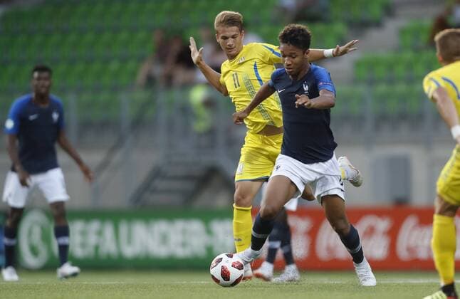 Vladyslav Supriaha 11, UKR and Boubacar Kamara 4, FRA during the UEFA European Under 19 Championship 2018 France - Ukraine at the Hietalahti Stadium 17. July 2018, in Vaasa, Finland.  Copyright: xKallexParkkinenx NP24_00303539