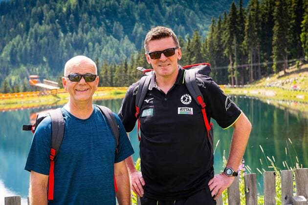 18.07.2018, xovx, Handball HBL, HSG Wetzlar Trainingslager in Kappl emspor, v.l. Trainer Kai Wandschneider (HSG Wetzlar) und Co-Trainer Jasmin Camdzic (HSG Wetzlar) am Dias Freizeitpark und See auf 1830 Metern an der Bergstation der Dias Bergbahn in Kappl im Paznauntal in Tirol (Österreich) Kappl