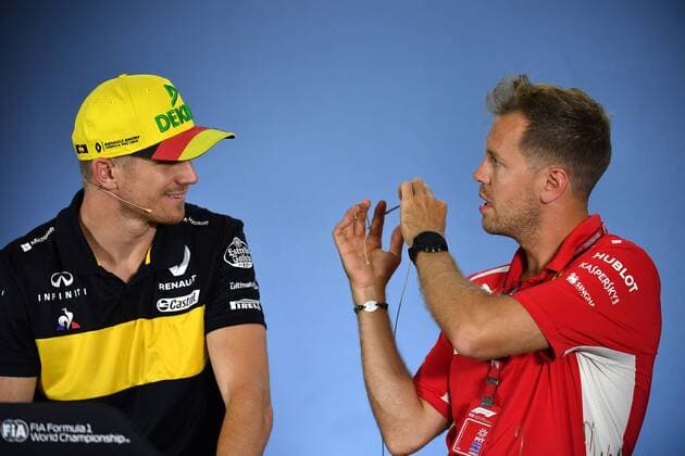 v.li:Nico HUELKENBERG,HÜLKENBERG (GER,Renault F1 Team), Sebastian VETTEL,GER (Scuderia Ferrari), Pressekonferenz. Formel 1:GP von DeutschlandDeutschland,Hockenheimring,Saison 2018,am 19.07.2018.