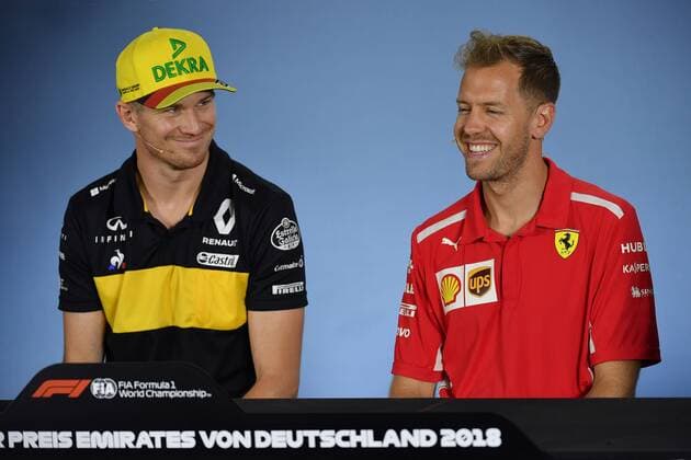 v.li:Nico HUELKENBERG,HÜLKENBERG (GER,Renault F1 Team), Sebastian VETTEL,GER (Scuderia Ferrari), Pressekonferenz. Formel 1:GP von DeutschlandDeutschland,Hockenheimring,Saison 2018,am 19.07.2018.