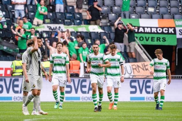 180719 Samuel Bone , Roberto Lopes and Ronan Finn celebrates the 0-1 goal during the UEFA Europa League 1st Qualifying Round Second Leg match between AIK and Shamrock Rovers on July 19, 2018 in Stockholm Copyright: SIMONxHASTEGRD BB180719SH007