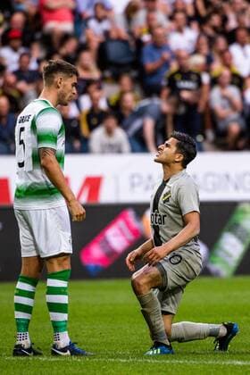 180719 Lee Grace of Shamrock Rovers and Tarik Elyounoussi of AIK during the UEFA Europa League 1st Qualifying Round Second Leg match between AIK and Shamrock Rovers on July 19, 2018 in Stockholm Copyright: SIMONxHASTEGRD BB180719SH008
