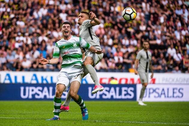 180719 Joel Coustrain of Shamrock Rovers and Rasmus Lindkvist of AIK during the UEFA Europa League 1st Qualifying Round Second Leg match between AIK and Shamrock Rovers on July 19, 2018 in Stockholm Copyright: SIMONxHASTEGRD BB180719SH010