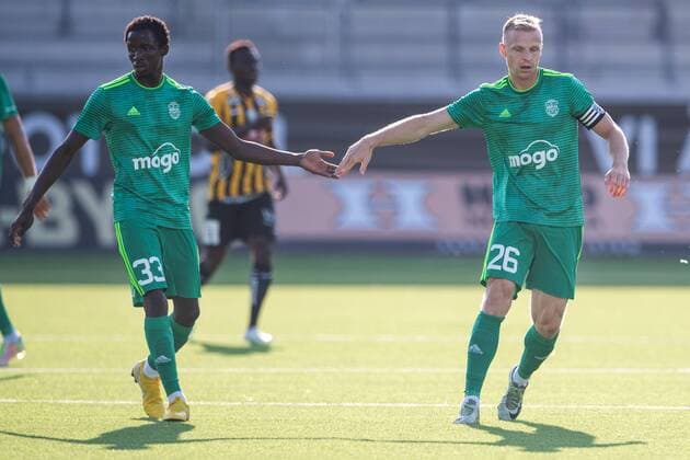 180719 Lamine Abou Bakr Seydina Keita and Deniss Ivanovs celebrates after Sady El Hadji Gueye (not pictured) of Liepaja scored 0-1 during the first round, second leg, qualifying match between Häcken and Liepaja on july 19 2018 in Göteborg. Copyright: MATHIASxBERGELD BB180719MB008