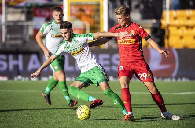 Jay Donnelly (21), Cliftonville FC and Nikolai Baden Frederiksen (29), FC Nordsjaelland, during the UEFA Europa League first qualifying round, 2nd leg match in Farum, Denmark. Thursday July 19. 2018.. , Farum Denmark  Copyright: AndersxKjaerbyex-xRitzau Scanpix AndersxKjaerbyex COP102 spdk20180719-203407-L