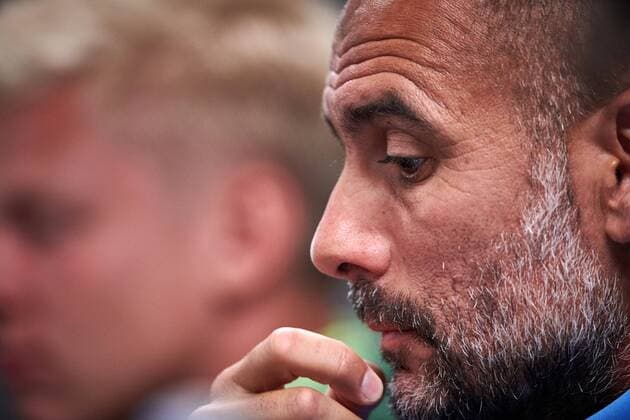 CHICAGO, IL - JULY 19: Manchester City head coach Josep Pep Guardiola answers questions from the media during Manchester City?s press conference PK Pressekonferenz on July 19, 2018 held at Soldier Field in Chicago, Illinois. (Photo by Robin Alam Icon Sportswire) SOCCER: JUL 19 International Champions Cup - Manchester City press conference Icon164071918120 EDITORIAL USE ONLY