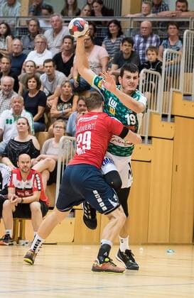 Jan Doell (SG BBM Bietigheim 29), Ivan Sliskovic (Frisch Auf Goeppinen 19, FRISCH AUF! Goeppingen vs. SG BBM Bietigheim , Reichstadt-Pokal 2018, Handballl, DKB, Herren, 1.Bundesliga, Saison 18 19, GER, 20.07.2018, FRISCH AUF! Goeppingen vs. SG BBM Bietigheim , Reichstadt-Pokal 2018, Handballl, DKB, Herren, 1.Bundesliga, Saison 18 19, GER, 20.07.2018 Leinfelden-Echterdingen Copyright: xEIBNER WolfgangxFrankx EP_WFK