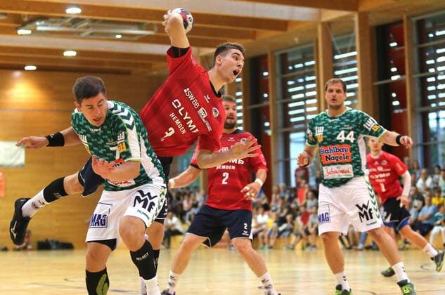 BAU 20.7.2018 Leinfelden-Echterdingen Handball FRISCH AUF! Göppingen vs. SG BBM Bietigheim, v.l. Allan Damgaard (Göppingen), Nikola Vlahovic (BBM)