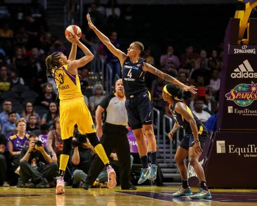 Los Angeles Sparks forward Candace Parker 3 shooting over Indiana Fever forward Candice Dupree 4 during the Indiana Fever vs Los Angeles Sparks game at Staples Center in Los Angeles, Ca on July 1, 2018. ( ) WNBA Basketball Damen USA 2018: Indiana Fever vs Los Angeles Sparks July 20, 2018 - ZUMAc04_ 20180720_zaf_c04_048 Copyright: xJevonexMoorex