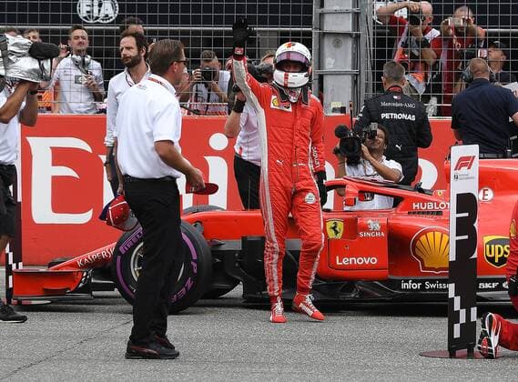 21.07.2018, xpsx, Formel 1 Grand Prix von Deutschland, Grand Prix von Deutschland Qualifying 2018 emspor, v.l. Sebastian Vettel (Ferrari Scuderia Ferrari) jubel über die Pole Hockenheim