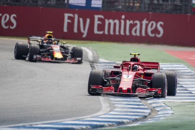 Motorsport: Formel 1, Saison 2018 2019, Rennen am Sonntag, 22.07.2018, am Hockenheimring in Hockenheim (Deutschland). Kimi Raikkonen (Scuderia Ferrari) fährt vor Max Verstappen (Aston Martin Red Bull Racing). Copyright: xInderliedx