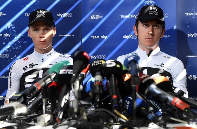 CARCASSONNE, FRANCE - JULY 23 : FROOME Chris (GBR) of Team SKY & THOMAS Geraint (GBR) of Team SKY during the Sky press conference PK Pressekonferenz on the second restday of the 105th edition of the 2018 Tour de France cycling race on July 23, 2018 in Carcassonne, France, 23 07 2018 CYCLISME : Tour de France - Carcassonne - 23 07 2018 PhotoNews Panoramic 