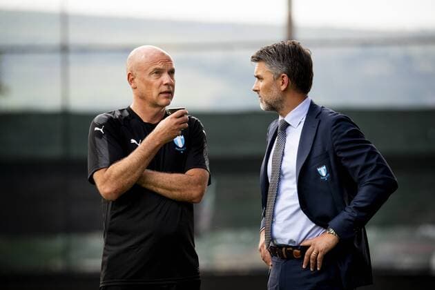 180723 Head coach Uwe Rösler and ceo Niclas Carlnen during a press conference PK Pressekonferenz and practice ahead the UEFA Champions League qualifying match between Cluj and Malmö FF on July 23, 2018 in Cluj. Photo: Ludvig Thunman BILDBYRN kod LT 35508 Copyright: LUDVIGxTHUNMAN BB180723LT091
