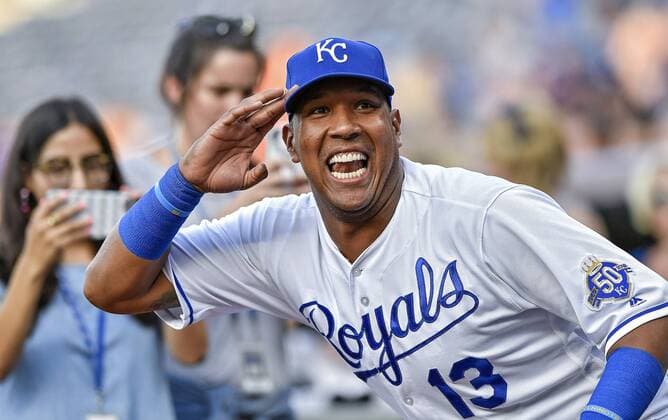 July 23, 2018 - Kansas City, MO, USA - Kansas City Royals first baseman Salvador Perez salutes teammate catcher Drew Butera as Perez runs to first to begin Monday s baseball game against the Detroit Tigers on July 23, 2018 at Kauffman Stadium in Kansas City, Mo. Tigers vs Rangers - ZUMAm67_ 20180723_zaf_m67_002 Copyright: xJohnxSleezerx