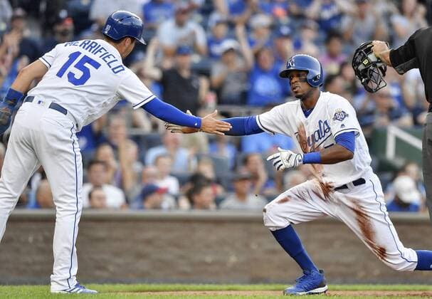 July 23, 2018 - Kansas City, MO, USA - Kansas City Royals Rosell Herrera and Whit Merrifield celebrate scoring on a two run single by Lucas Duda in the first inning during Monday s baseball game against the Detroit Tigers on July 23, 2018 at Kauffman Stadium in Kansas City, Mo. Tigers vs Rangers - ZUMAm67_ 20180723_zaf_m67_005 Copyright: xJohnxSleezerx