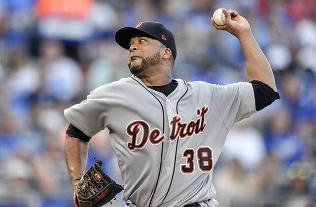 July 23, 2018 - Kansas City, MO, USA - Detroit Tigers starting pitcher Francisco Liriano throws in the first inning during Monday s baseball game against the Kansas City Royals on July 23, 2018 at Kauffman Stadium in Kansas City, Mo. Tigers vs Rangers - ZUMAm67_ 20180723_zaf_m67_010 Copyright: xJohnxSleezerx