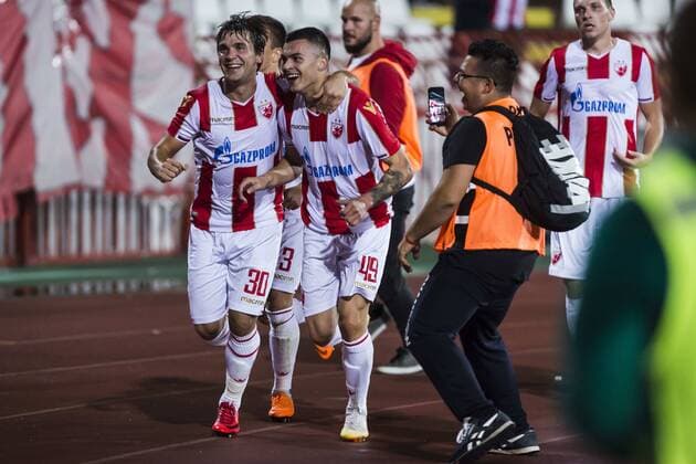 24th July 2018, Rajko Mitic Stadium, Belgrade, Serbia; UEFA Champions League, second qualifying round, 1st leg, Red Star Belgrade versus FK Suduva; Nemanja Radonjic of Red Star Belgrade celebrates scoring his goal with team mate Filip Stojkovic  ActionPlus12050294 NikolaxKrstic