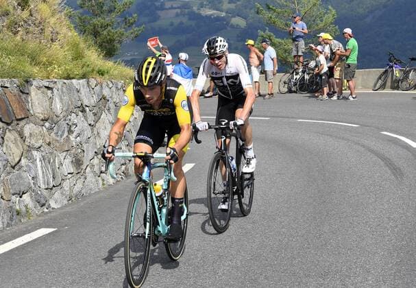 SAINT-LARY-SOULAN COL DU PORTET, FRANCE - JULY 25 : FROOME Chris (GBR) of Team SKY & ROGLIC Primoz (SLO) of Team Lotto NL - Jumbo during stage 17 of the 105th edition of the 2018 Tour de France cycling race, a stage of 65 kms between Bagneres-de-Luchon and Saint-Lary-Soulan Col Du Portet on July 25, 2018 in Saint-Lary-Soulan Col Du Portet, France, 25 07 2018 CYCLISME : Tour de France - Etape 17 - Bagneres De Luchon Saint Lary Soulan - 25 07 2018 PhotoNews Panoramic 