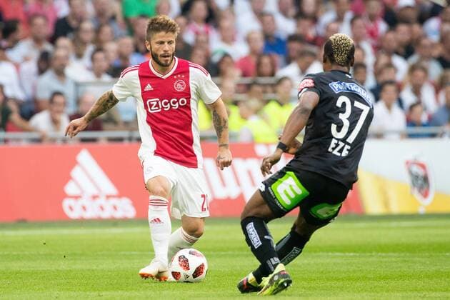 Lasse Schone of Ajax, Emeka Friday Eze of SK Sturm Graz during the UEFA Champions League second round qualifying first leg match between Ajax Amsterdam and Sturm Graz at the Johan Cruijff Arena on July 25, 2018 in Amsterdam, The Netherlands UEFA Champions League 2018 2019 xVIxVIxImagesx xTomxBodexMultimediaxIVx 11586125