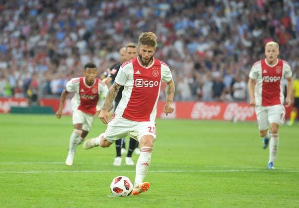 Champions League Ajax Amsterdam vs Sturm Graz Amsterdam The Netherlands 25th July 2018 Champions League Ajax Amsterdam vs Sturm Graz Ajax penalty in the second half. Lasse Schon scores Ajax s second. 