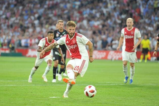 Champions League Ajax Amsterdam vs Sturm Graz Amsterdam The Netherlands 25th July 2018 Champions League Ajax Amsterdam vs Sturm Graz Ajax penalty in the second half. Lasse Schone scores Ajax s second. 