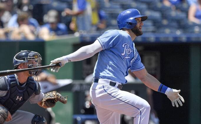 July 25, 2018 - Kansas City, MO, USA - Kansas City Royals Alex Gordon follows through on an RBI double to score Hunter Dozier in the second inning during against the Detroit Tigers on Wednesday, July 25, 2018 at Kauffman Stadium in Kansas City, Mo. Detroit Tigers vs. Kansas City Royals - ZUMAm67_ 20180725_zaf_m67_008 Copyright: xJohnxSleezerx