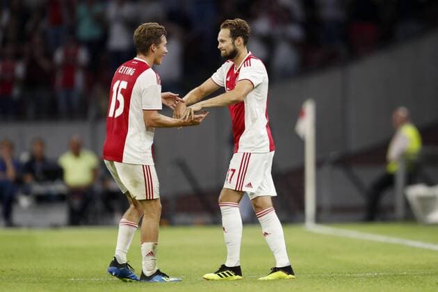 (L-R) Carel Eiting of Ajax, Daley Blind of Ajax during the UEFA Champions League second round qualifying first leg match between Ajax Amsterdam and Sturm Graz at the Johan Cruijff Arena on July 25, 2018 in Amsterdam, The Netherlands UEFA Champions League 2018 2019 xVIxVIxImagesx xMauricexvanxSteenxIVx 11586890